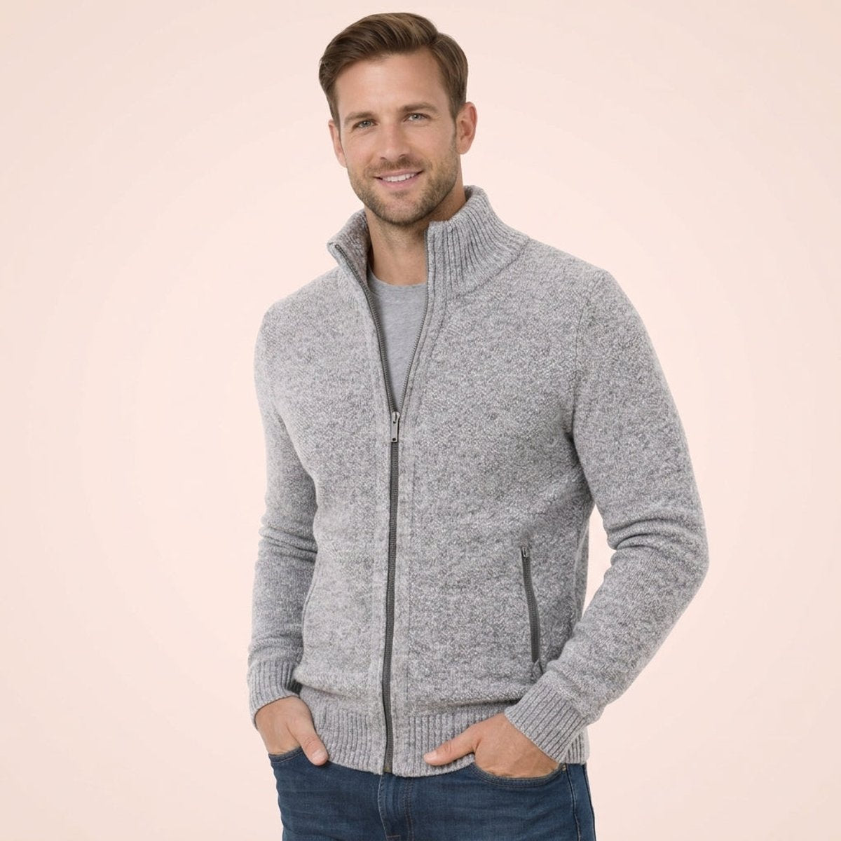 Pull Homme Laine Mérinos Zippé Col Montant