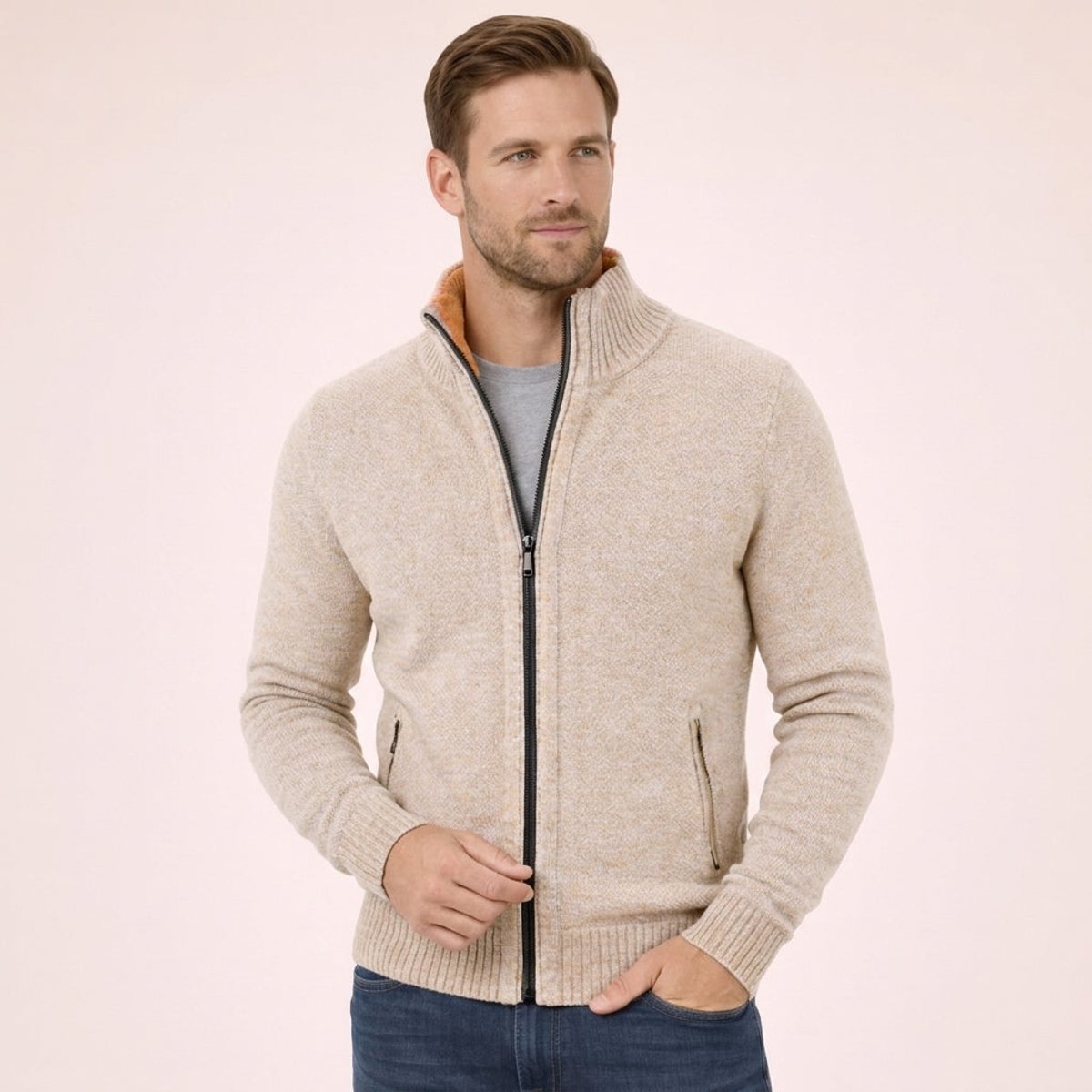 Pull Homme Laine Mérinos Zippé Col Montant