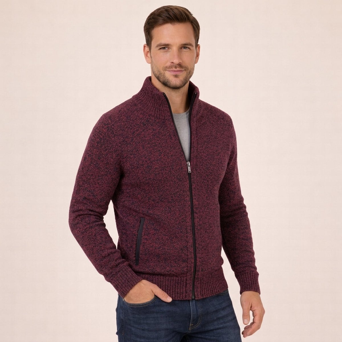 Pull Homme Laine Mérinos Zippé Col Montant