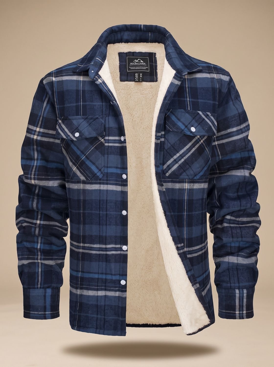 Men's Sherpa Lined Flannel Shirt Jacket Fleece Plaid Overshirt - Blue-Grey
