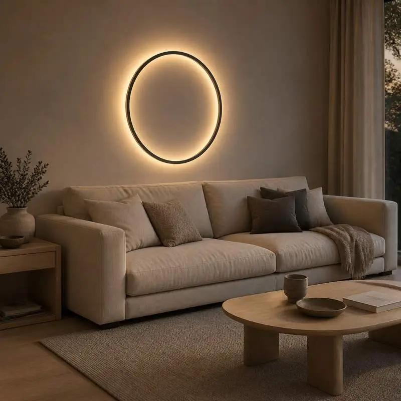 A modern beige fabric sofa in a cozy living room setting, decorated with neutral-toned throw pillows and a knit blanket, with a glowing circular wall light above it.