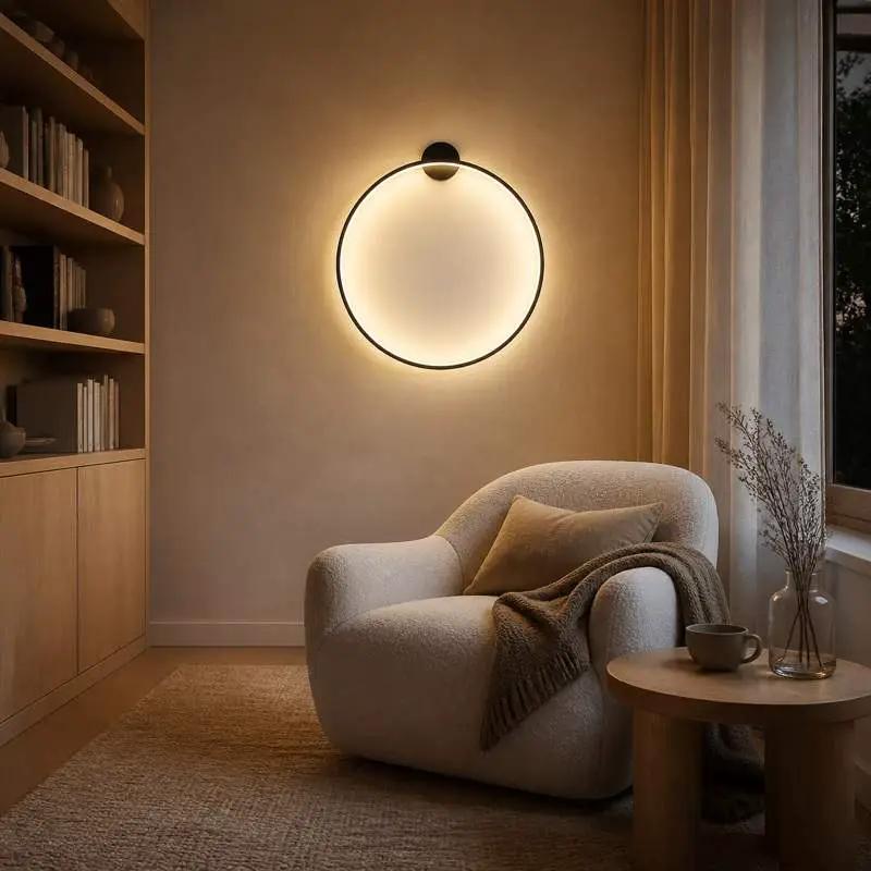 KRETS modern LED ring wall light above a cosy reading chair in a Scandinavian living room