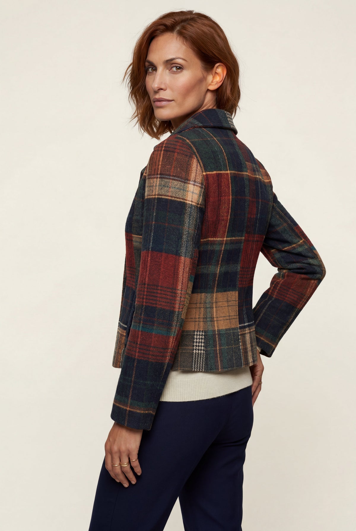 Navy Blue Navy Plaid Tailored Boxy Blazer with Houndstooth Accent - Winter coats - Photo 2