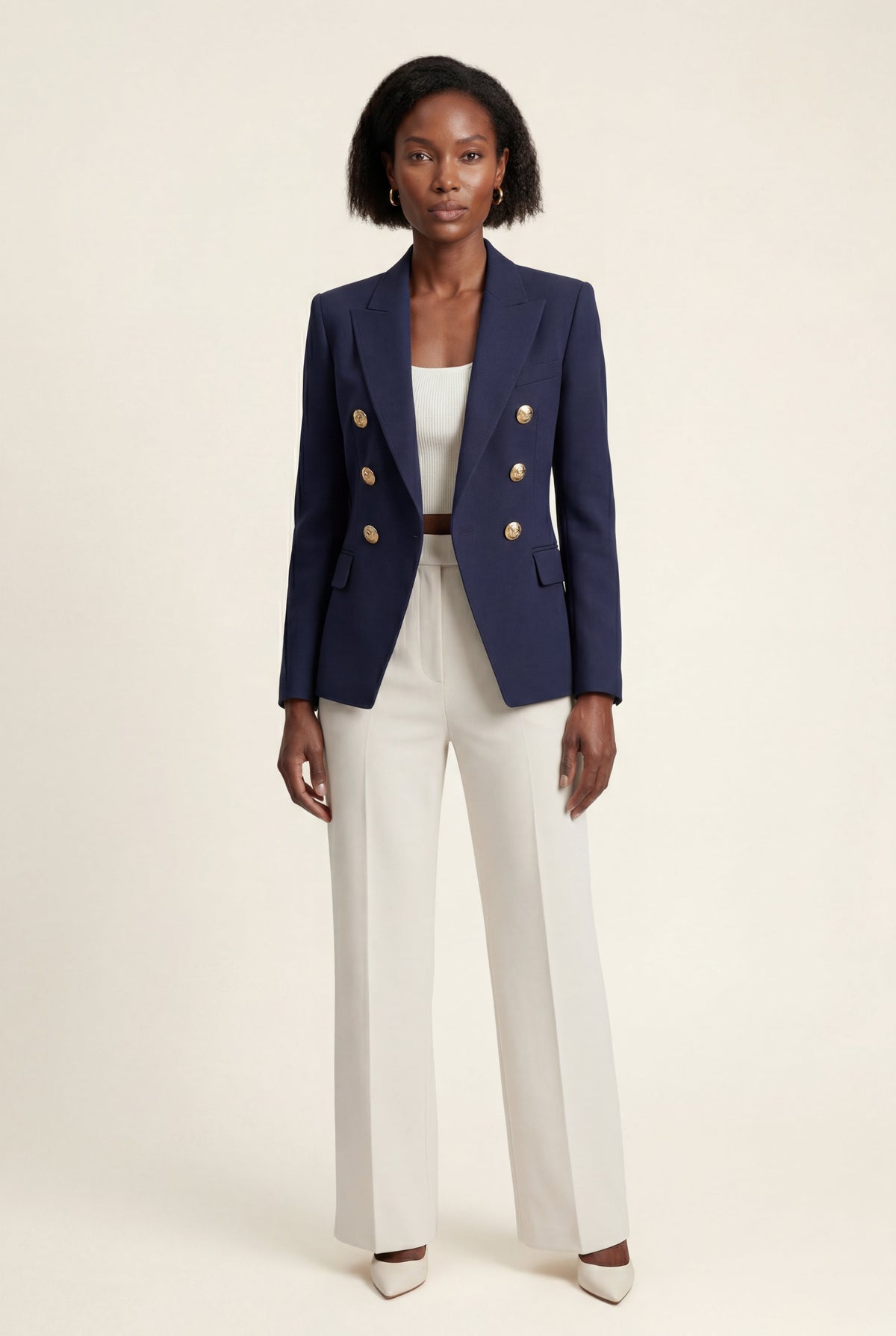 Navy Blue Women's Gold Button Double-Breasted Tailored Blazer - Blazers - Photo 2