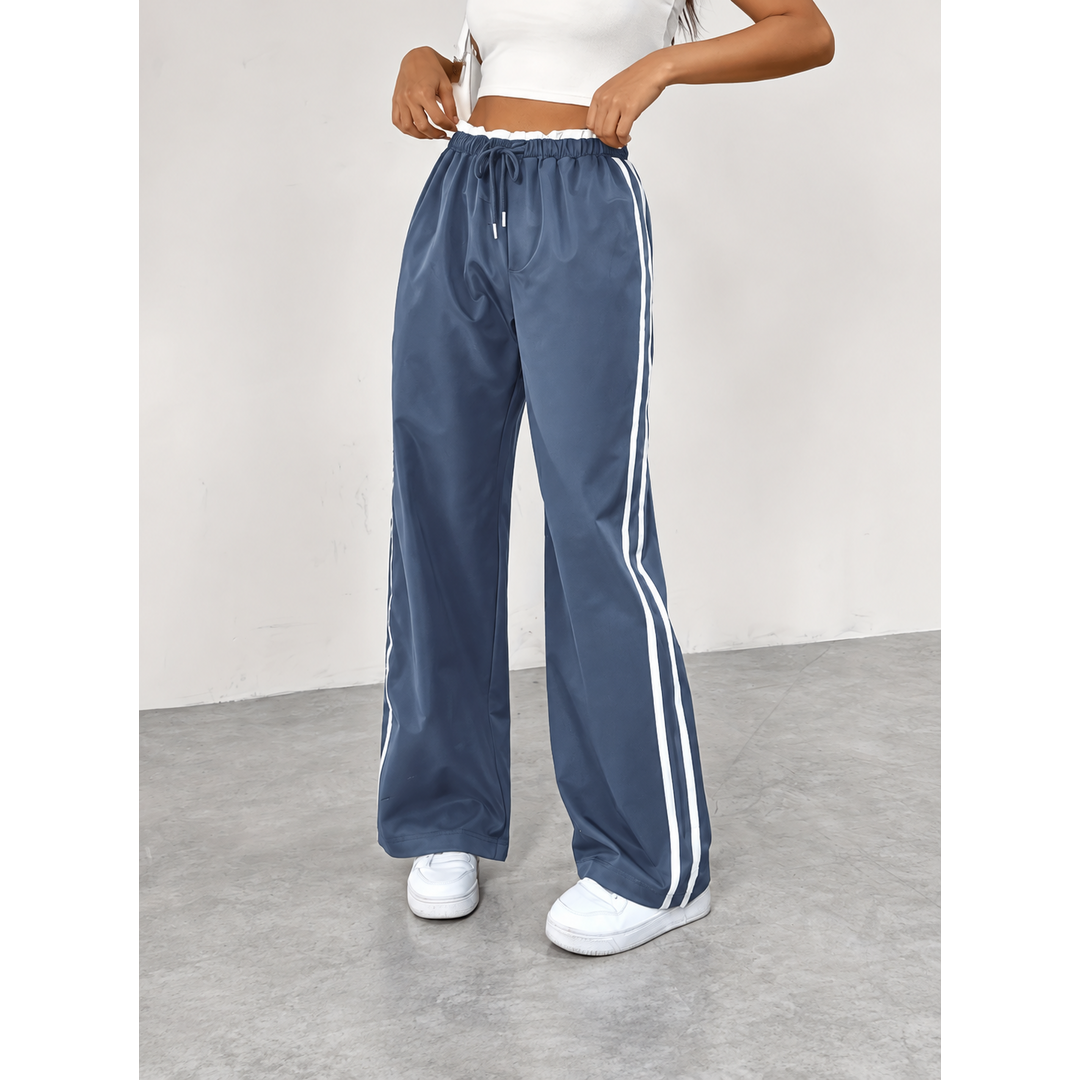 Jogging Femme Taille Haute à Bandes Contrastées - Pantalon de Sport Décontracté