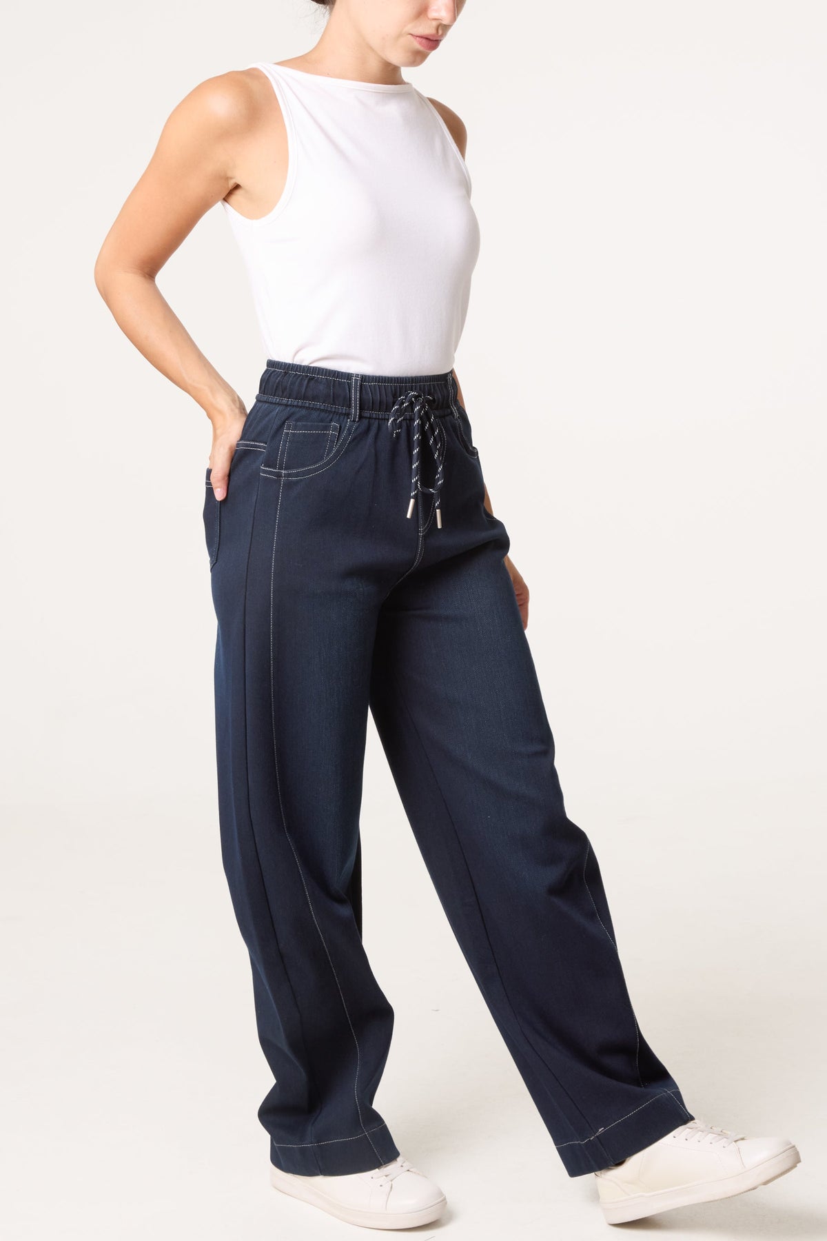 Jean Femme Jambe Large Taille Haute Indigo à Surpiqûres
