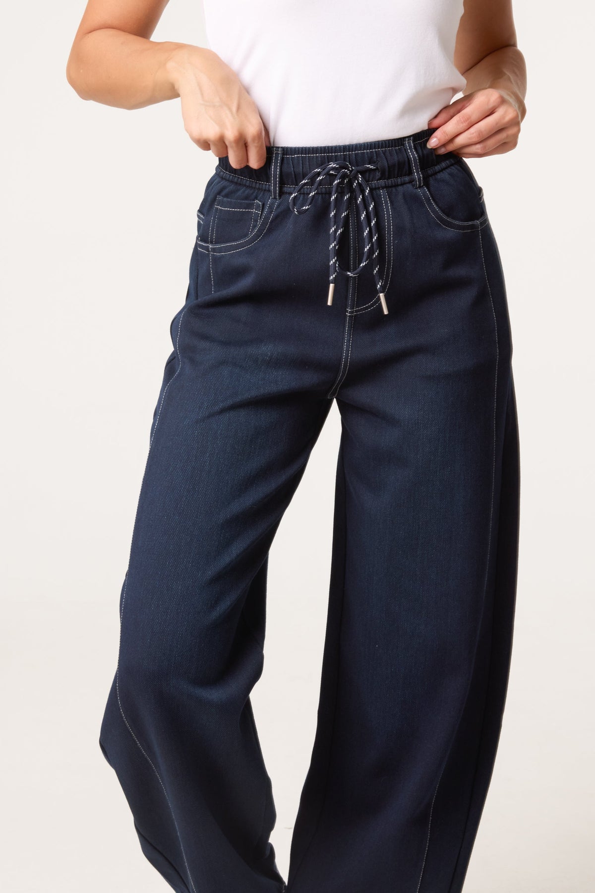 Jean Femme Jambe Large Taille Haute Indigo à Surpiqûres