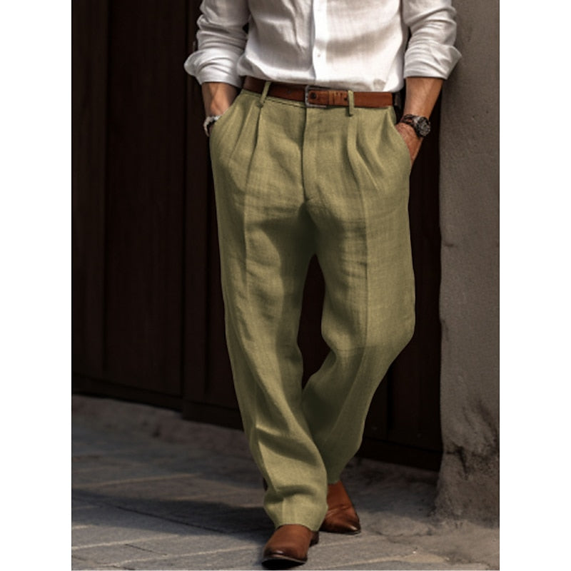 Pantalon Homme en Lin et Coton, Coupe Ample Décontractée