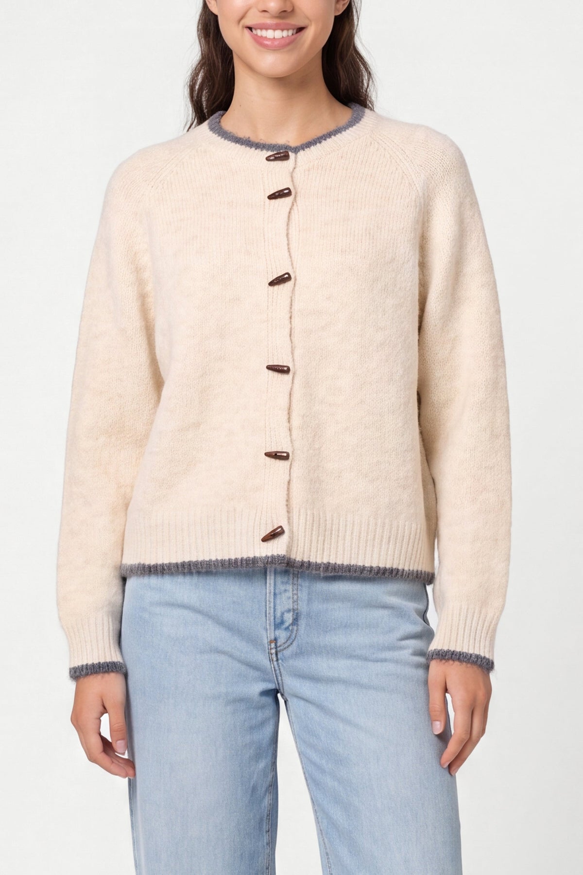 Cardigan Femme Col Rond en Maille Beige Pierre