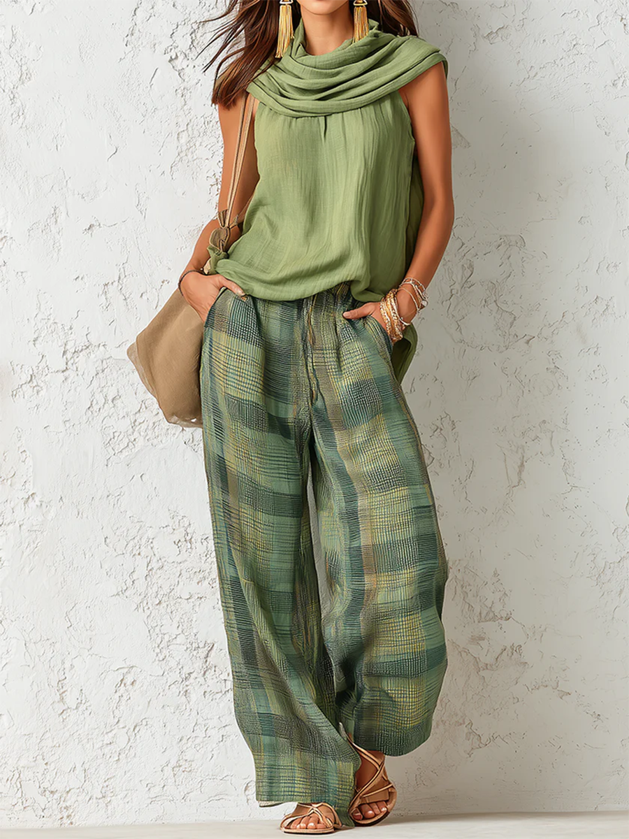 Ensemble Femme Blouse et Pantalon Large Vert