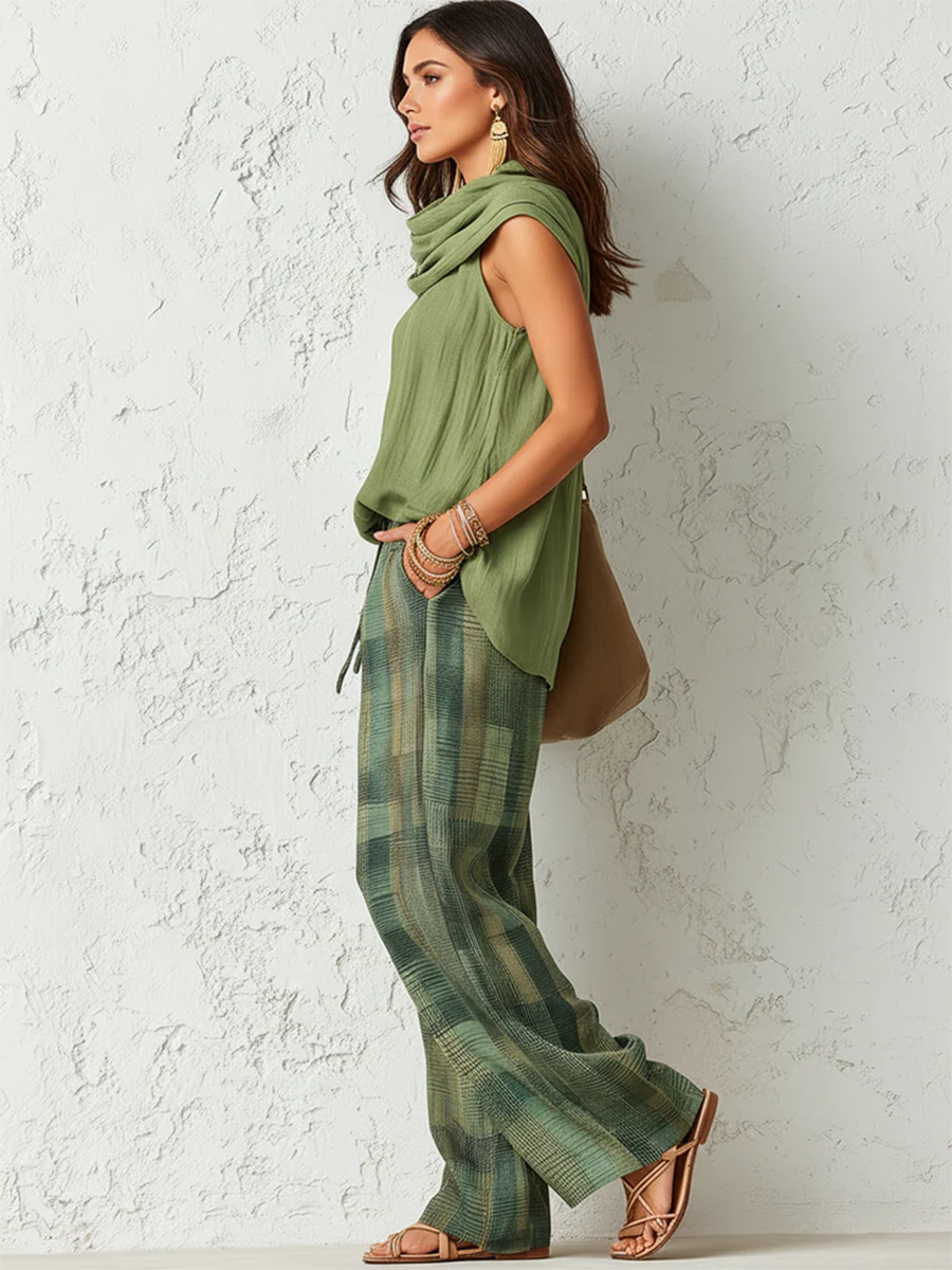 Ensemble Femme Blouse et Pantalon Large Vert