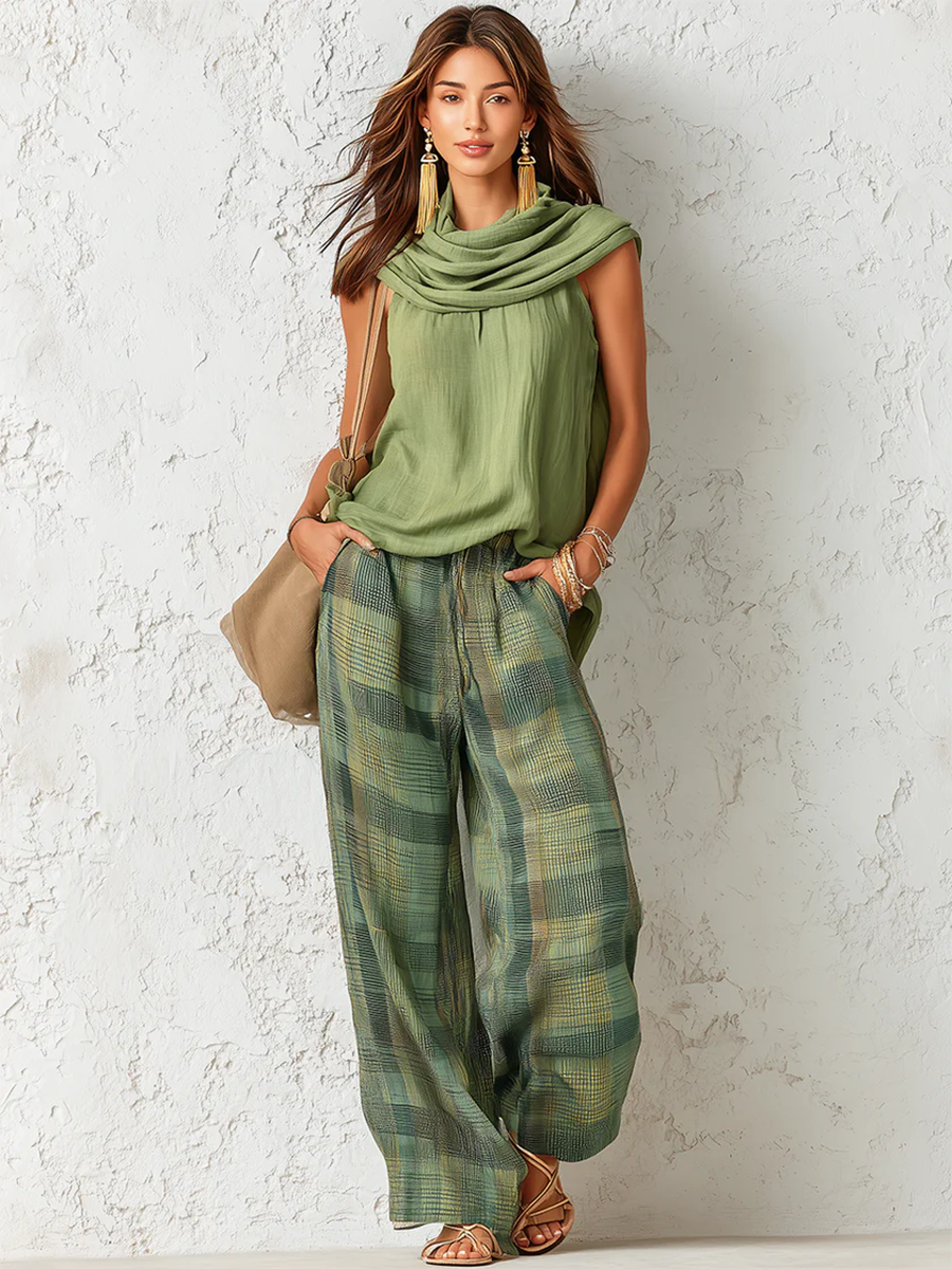 Ensemble Femme Blouse et Pantalon Large Vert