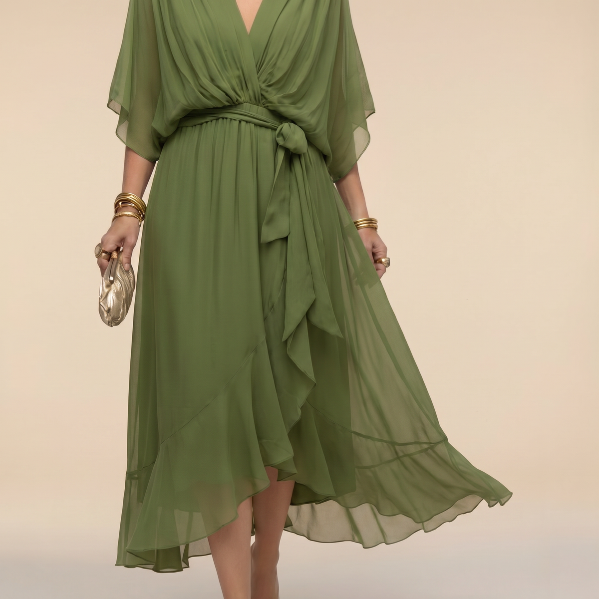 Robe Portefeuille Midi Femme Col V, Manches 3/4