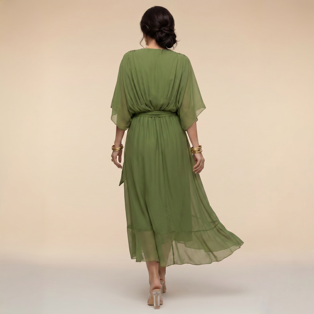 Robe Portefeuille Midi Femme Col V, Manches 3/4