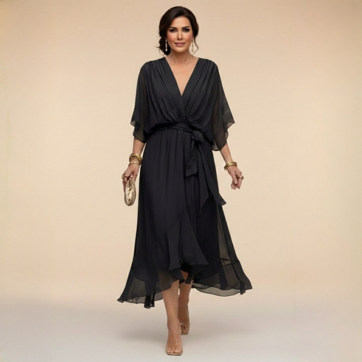 Robe Portefeuille Midi Femme Col V, Manches 3/4