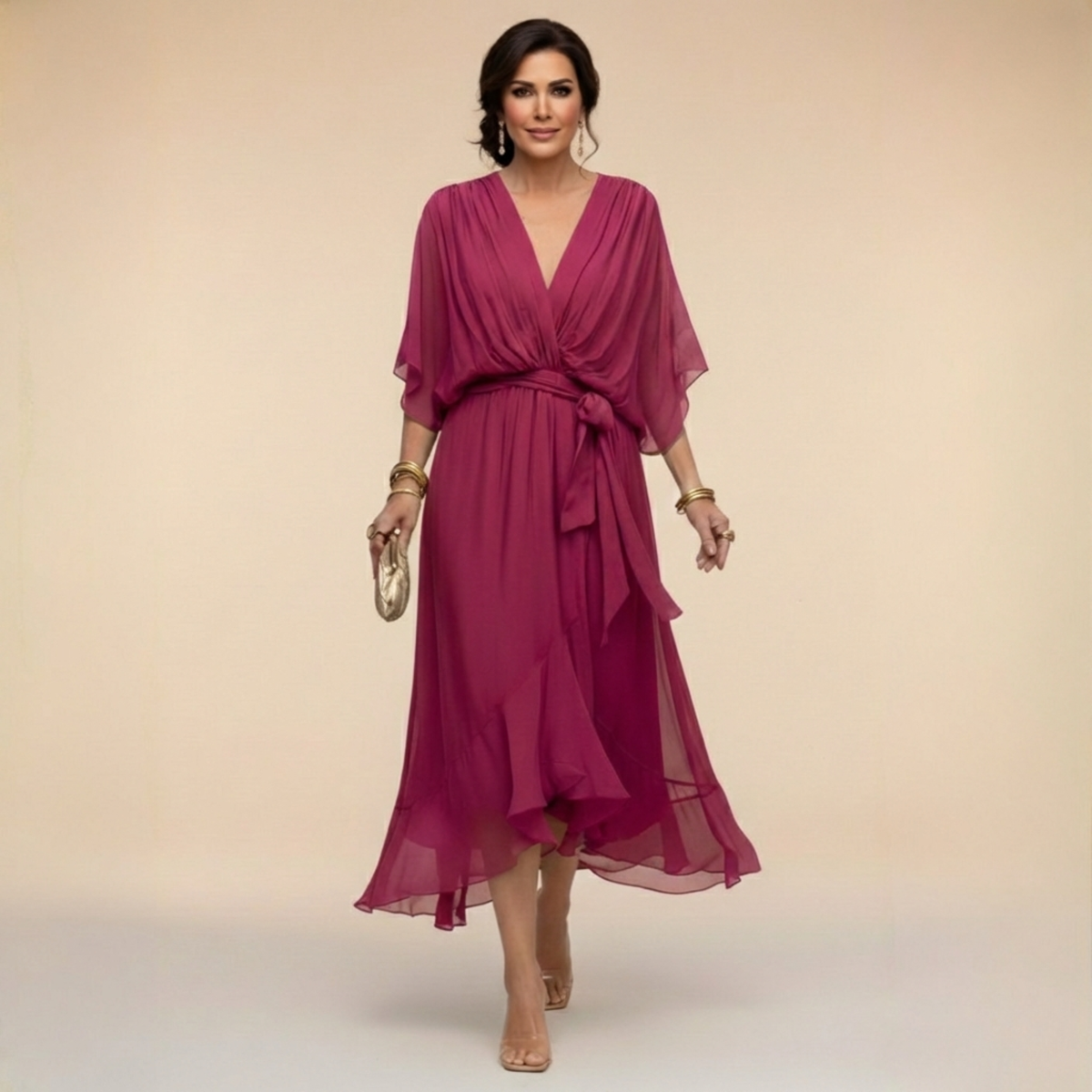 Robe Portefeuille Midi Femme Col V, Manches 3/4