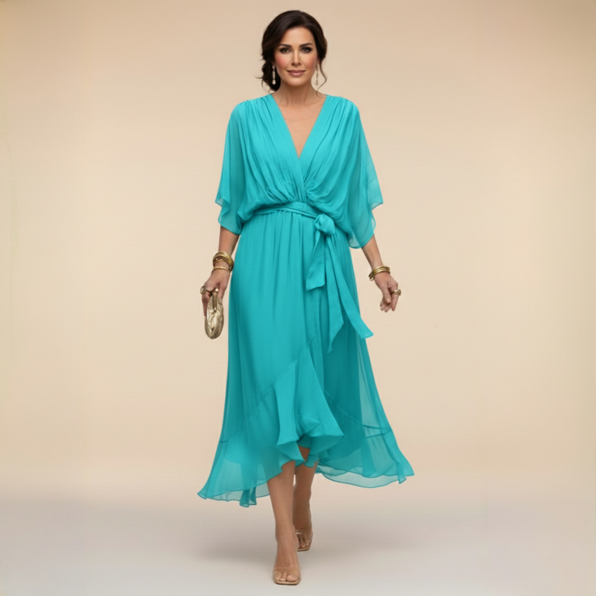 Robe Portefeuille Midi Femme Col V, Manches 3/4