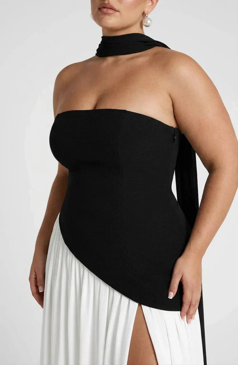 Robe Longue Bustier Noire et Blanche à Fente Asymétrique