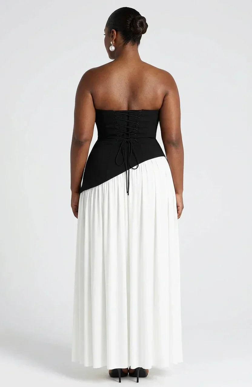 Robe Longue Bustier Noire et Blanche à Fente Asymétrique