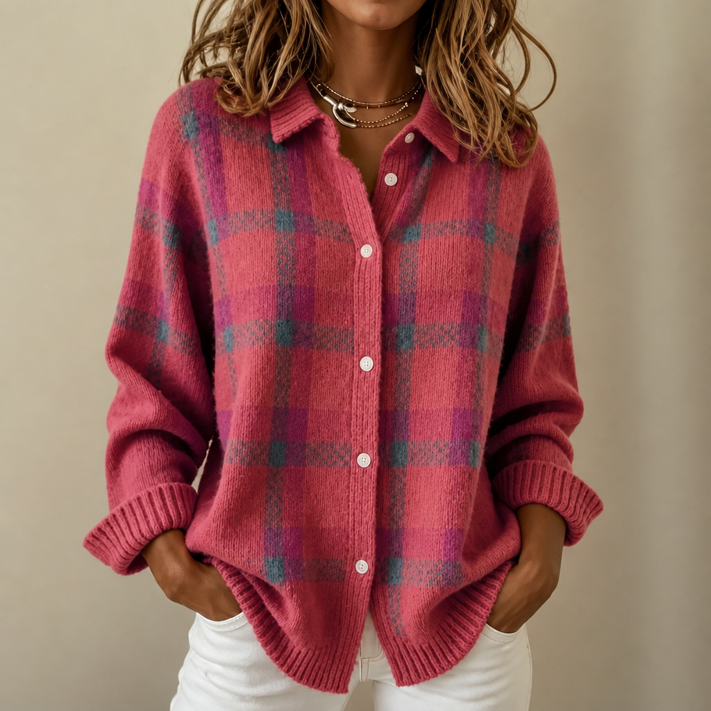 Gilet Femme en Maille à Carreaux, Col Chemise