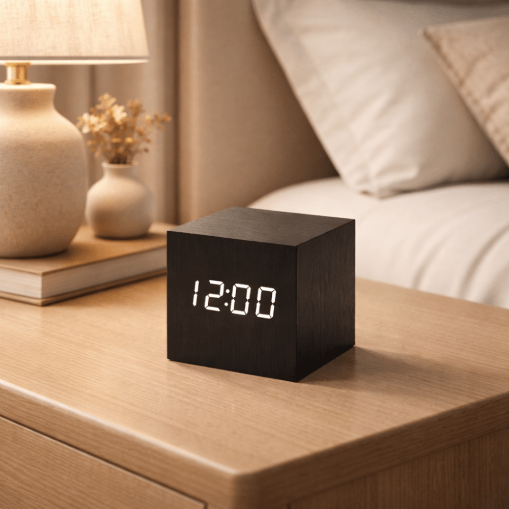 Reloj LED – Acabado en madera mate, diseño compacto para el dormitorio o el despacho