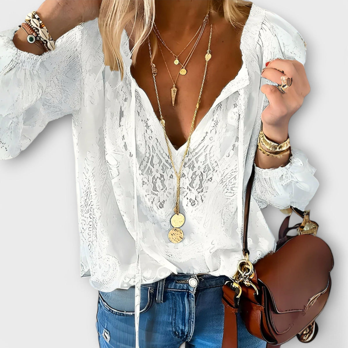 Blouse Femme Dentelle Col V Manches Longues