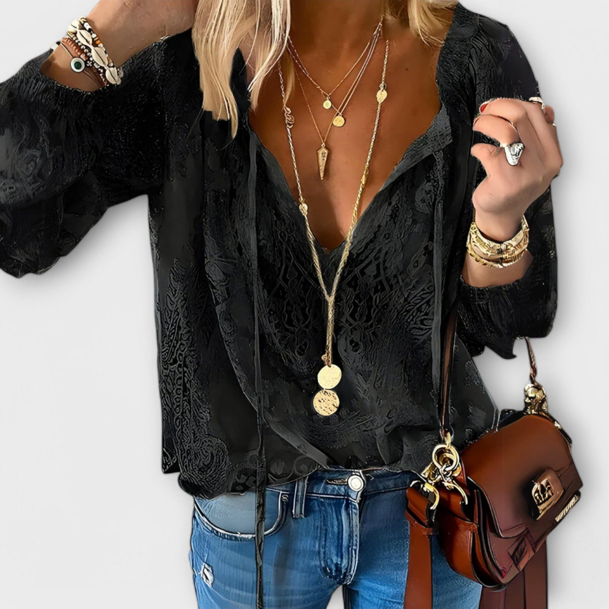 Blouse Femme Dentelle Col V Manches Longues