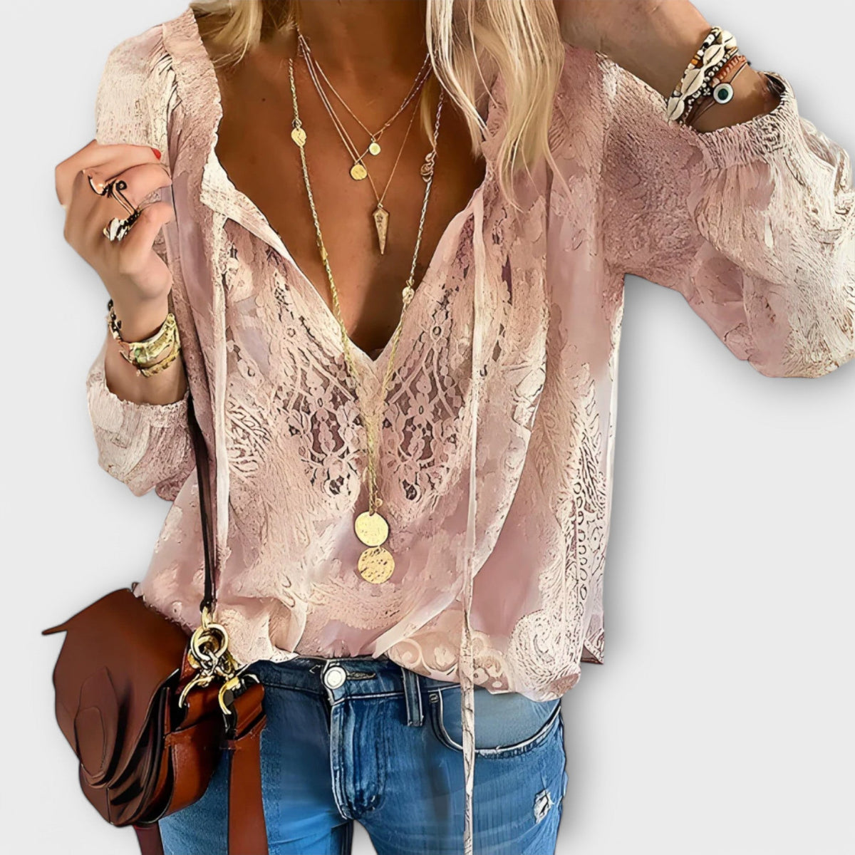 Blouse Femme Dentelle Col V Manches Longues