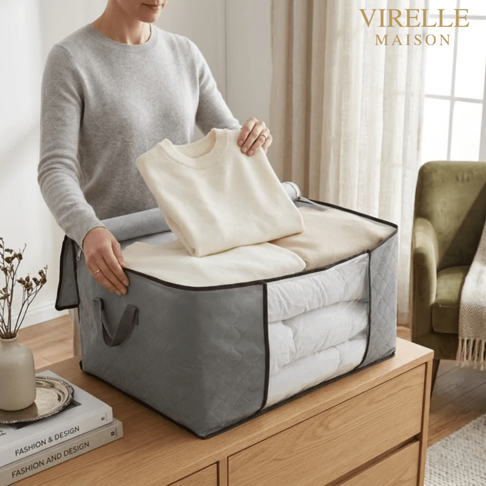 Bolsa de almacenamiento – Gris claro, fabricada en material transpirable, con ventana transparente, ideal para guardar ropa y mantas en un armario o un ropero