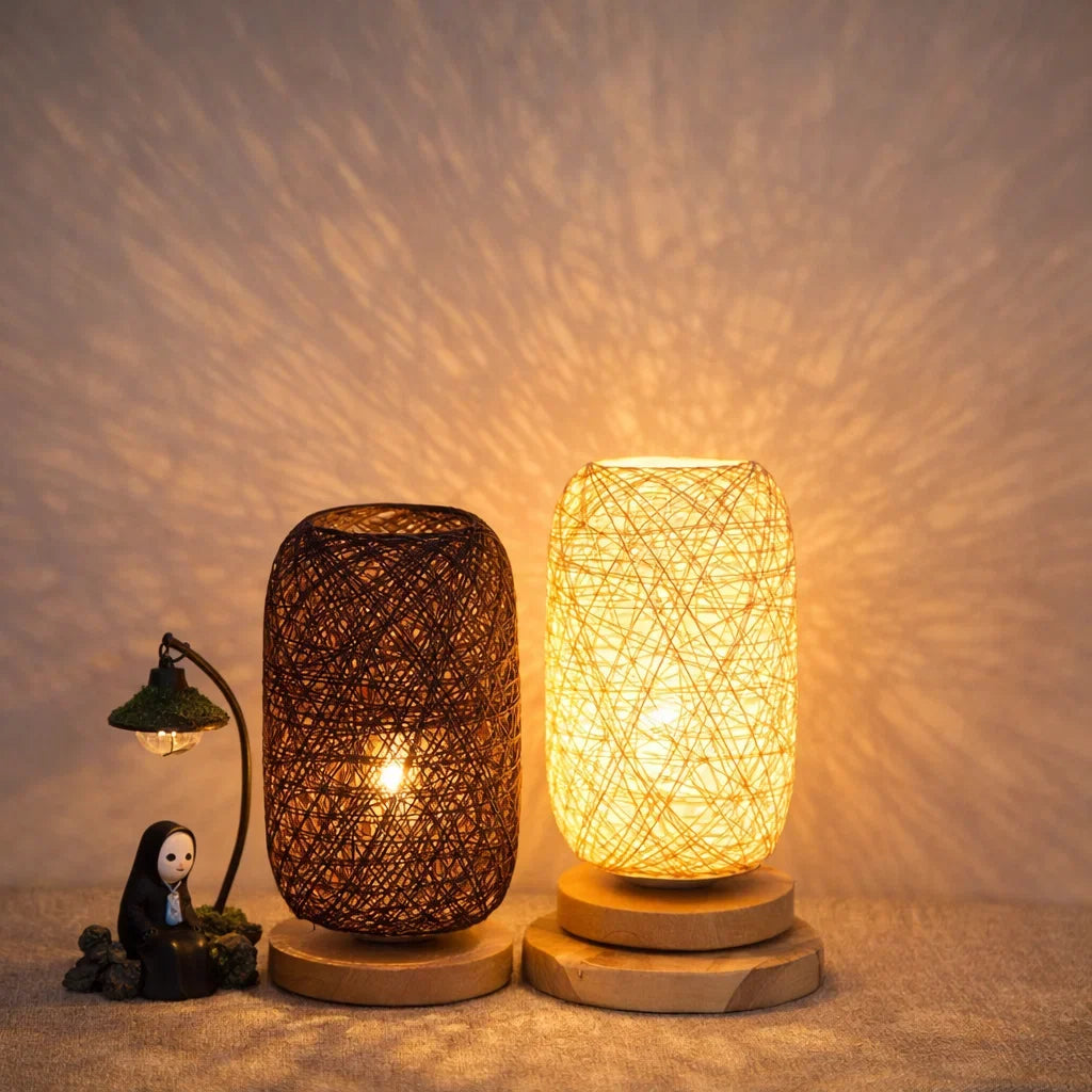 Lampe de Table en Rotin et Bois, Style Industriel Japandi