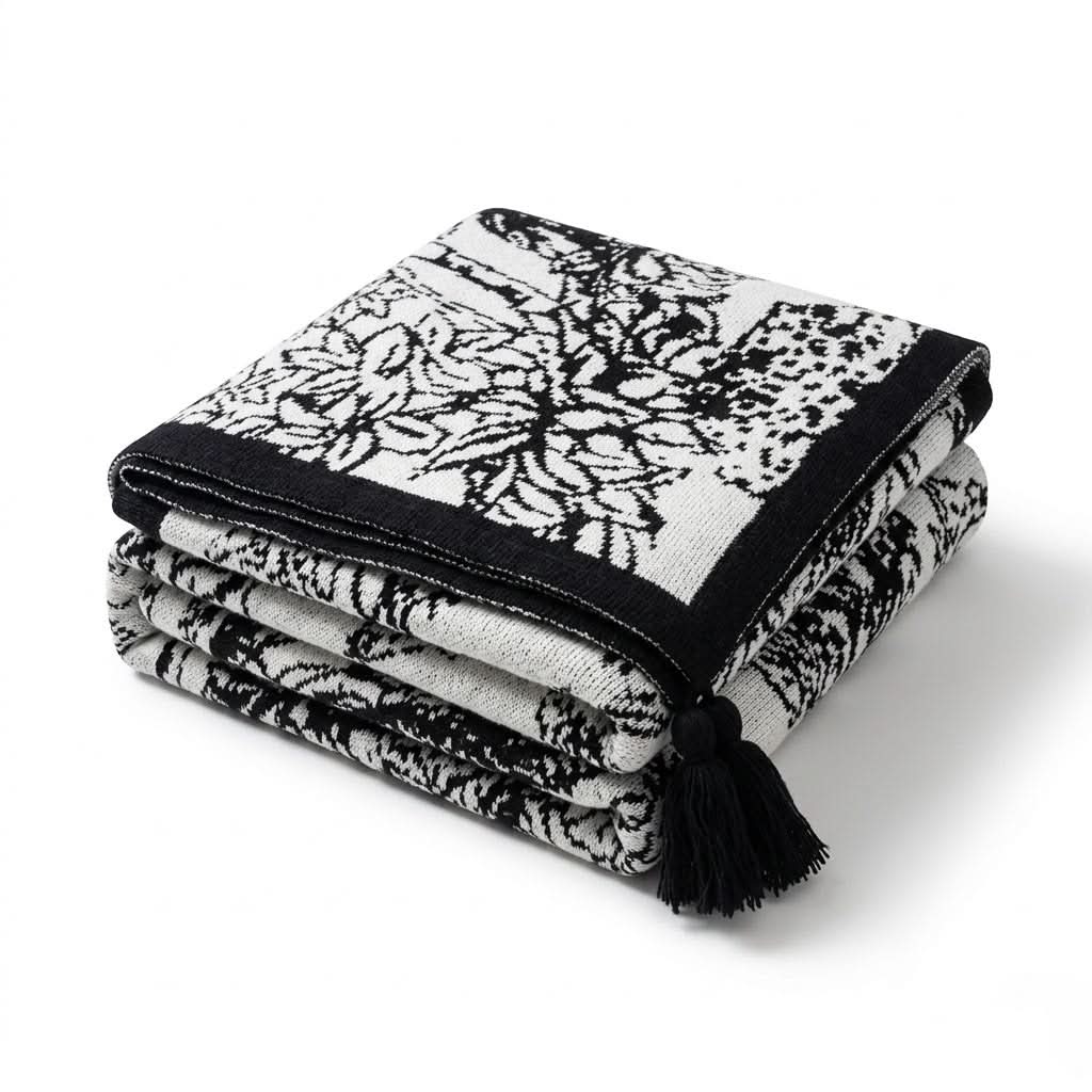 Plaid Tricoté Motif Oiseaux et Fleurs Vintage - Jeté Décoratif