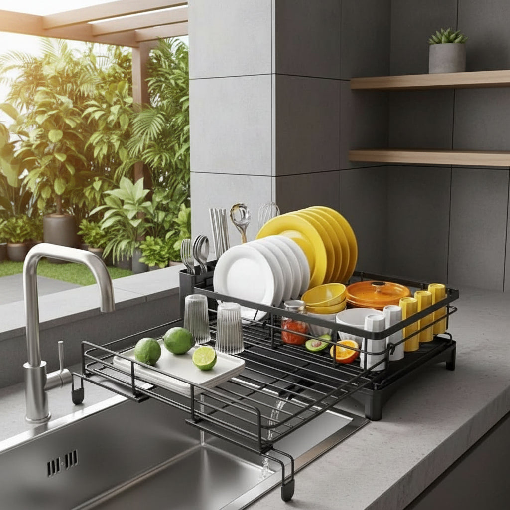 Égouttoir – Design Moderne en Plastique Durable et Métal pour un Séchage Efficace des Assiettes et des Couverts dans la Cuisine