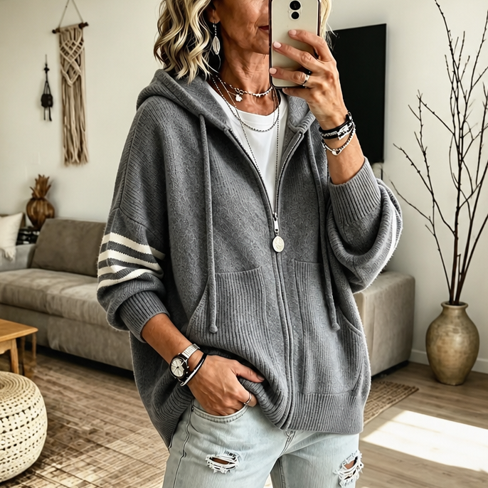 Sweat à Capuche Zippé Femme, Manches Rayées et Épaules Tombantes
