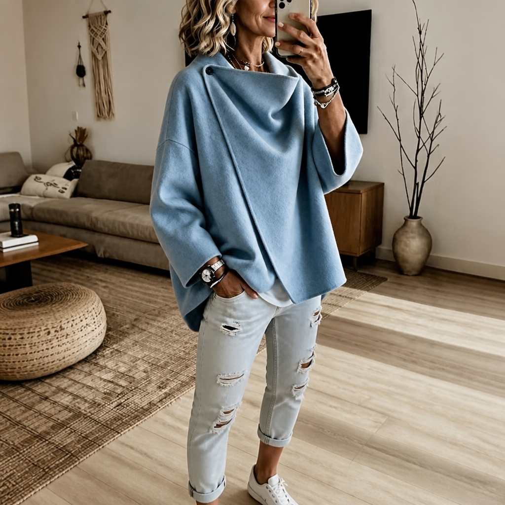 Veste Cape Portefeuille Femme à Col Asymétrique Boutonné