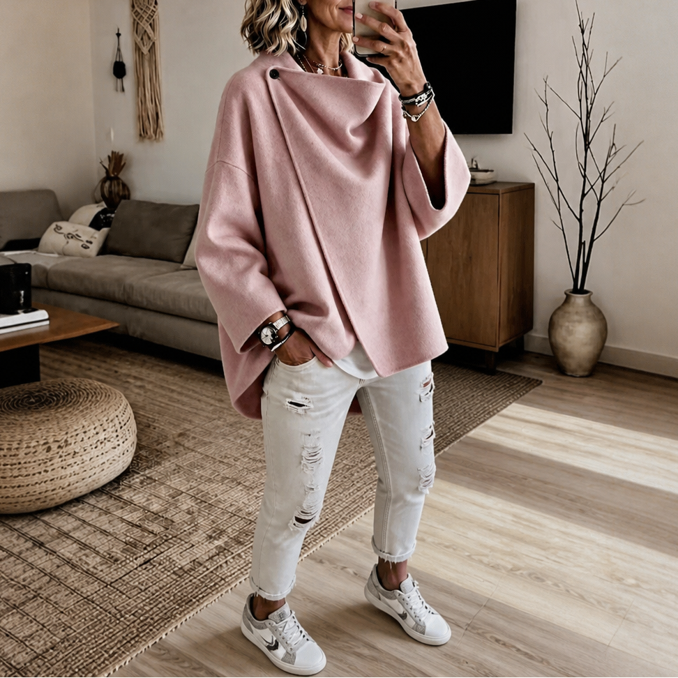 Veste Cape Portefeuille Femme à Col Asymétrique Boutonné