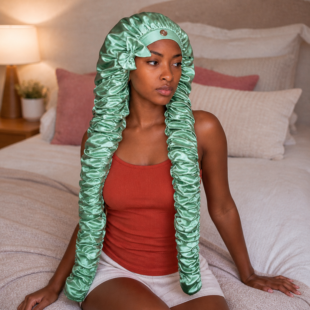 Bonnet de Nuit Satiné Cheveux Longs – Attache Bouton Réglable