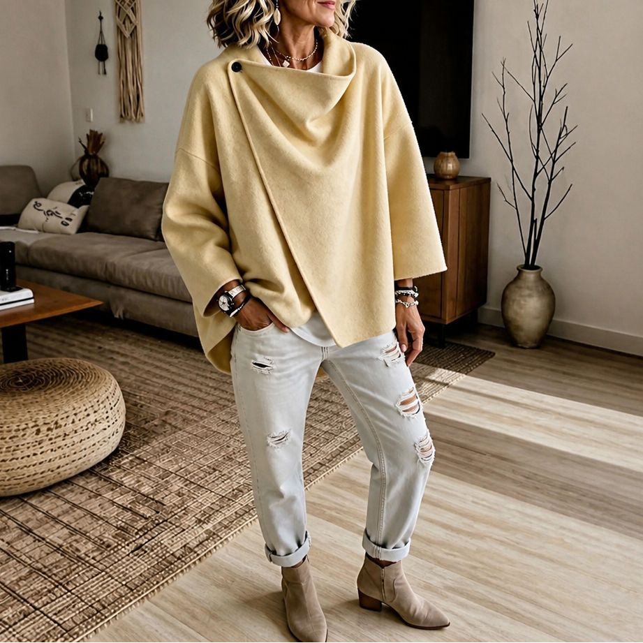 Veste Cape Portefeuille Femme à Col Asymétrique Boutonné