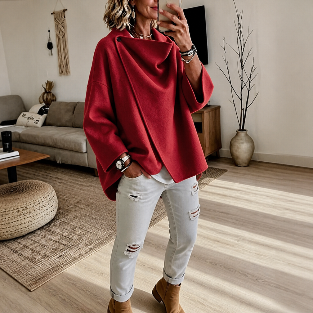 Veste Cape Portefeuille Femme à Col Asymétrique Boutonné