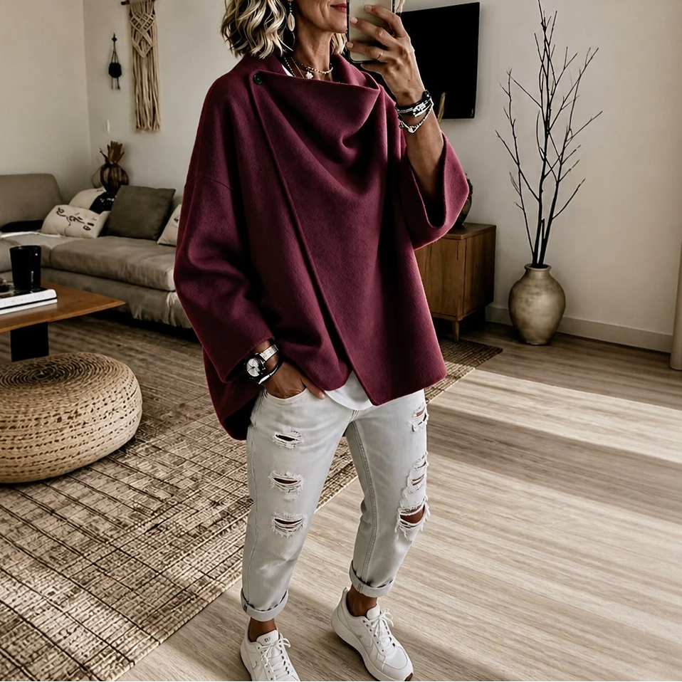 Veste Cape Portefeuille Femme à Col Asymétrique Boutonné