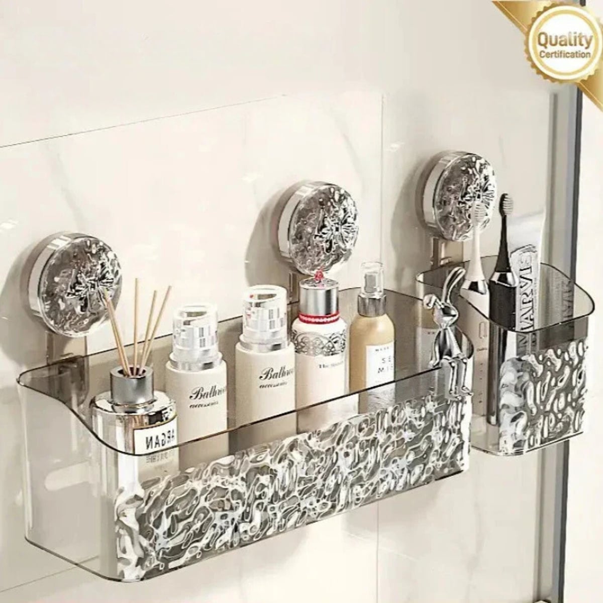 wall-mounted shower shelf with suction cups