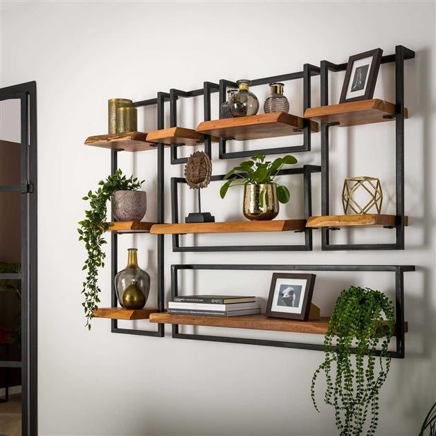 Wandplank – Massief acaciahout met vintage stalen frame voor de woonkamer of hal