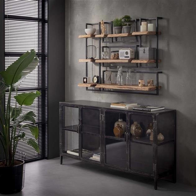 Wandplank – Massief acaciahout met vintage stalen frame voor de woonkamer of hal