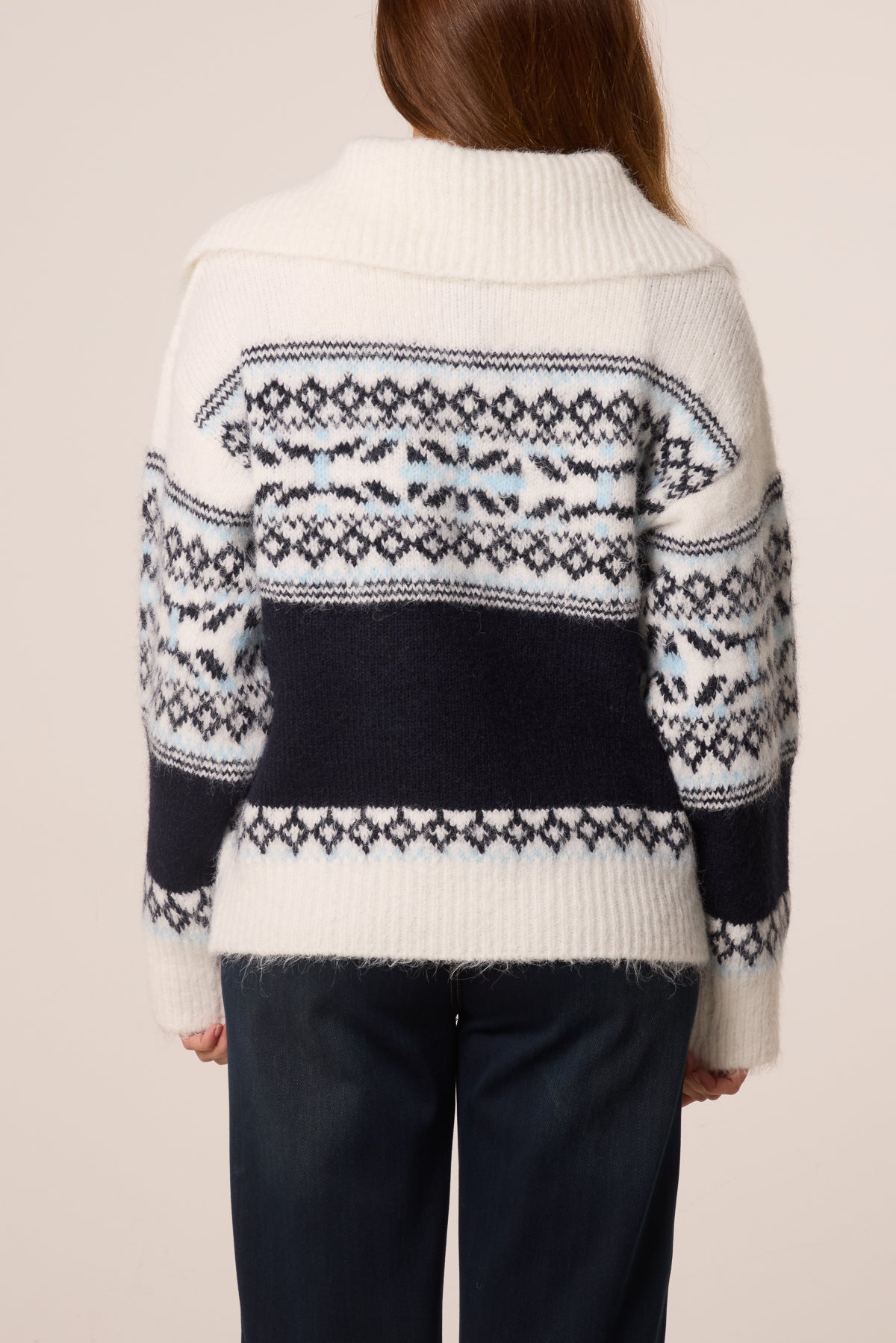 Pull Col Zippé Style Nordique Femme - Tricot Ivoire/Marine