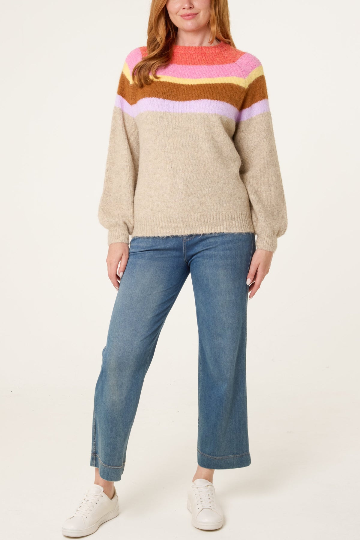 Pull Femme à Manches Ballon Rayé, Beige
