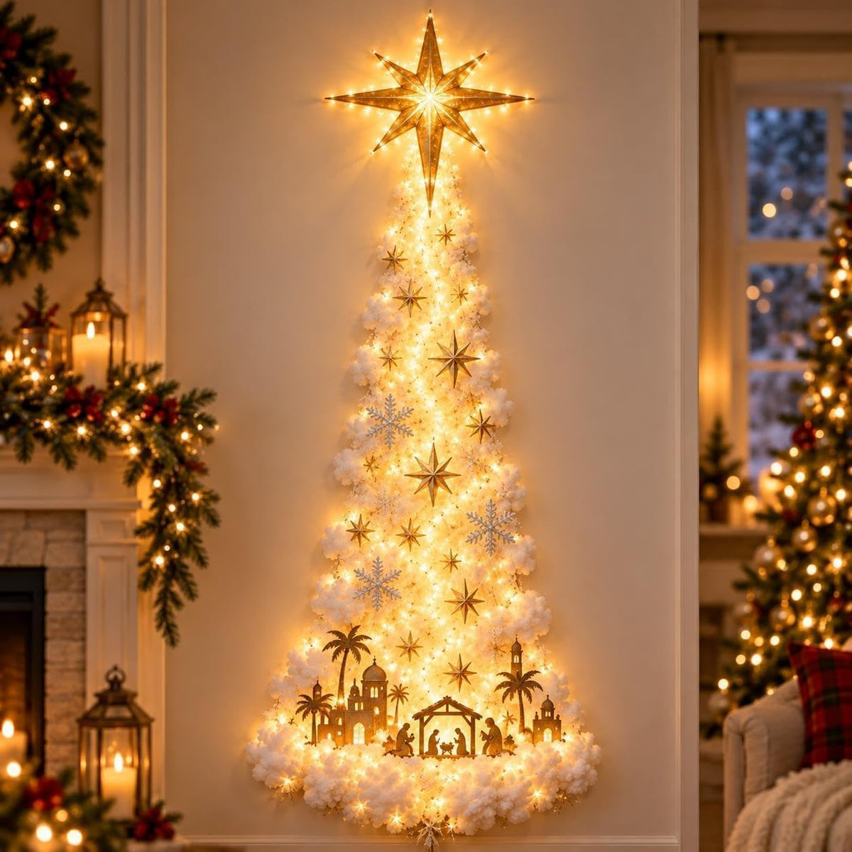 Applique Murale de Noël LED sans Fil - Effet Neige, 60 cm