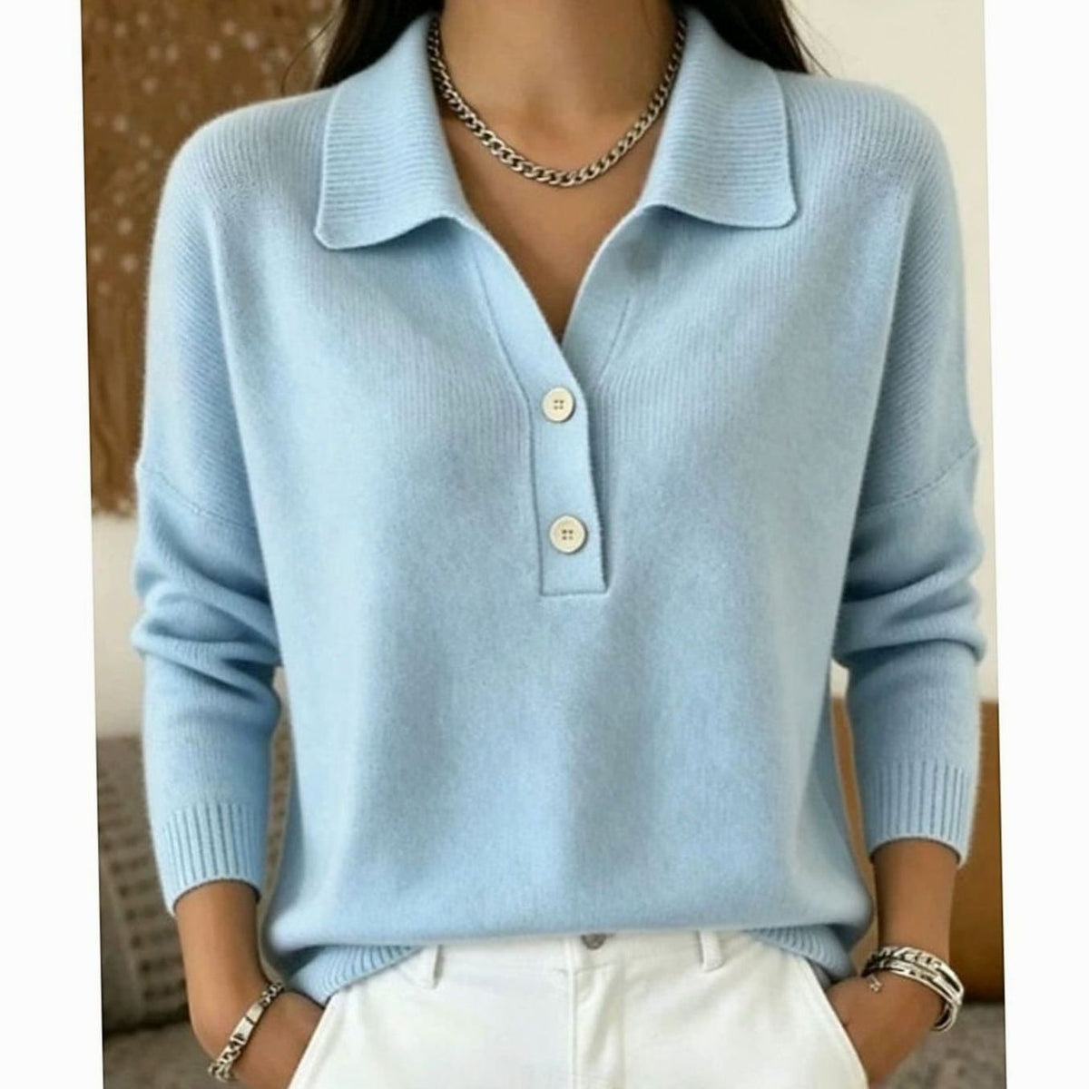 Pull Femme Col Polo à Boutons, Tricot Fin