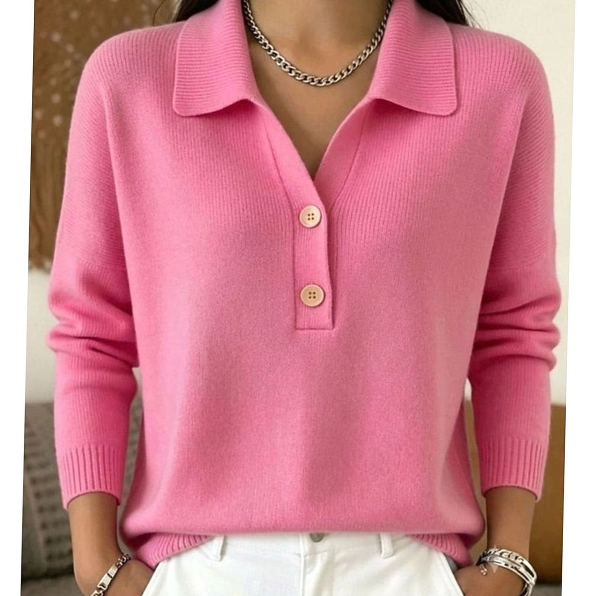 Pull Femme Col Polo à Boutons, Tricot Fin