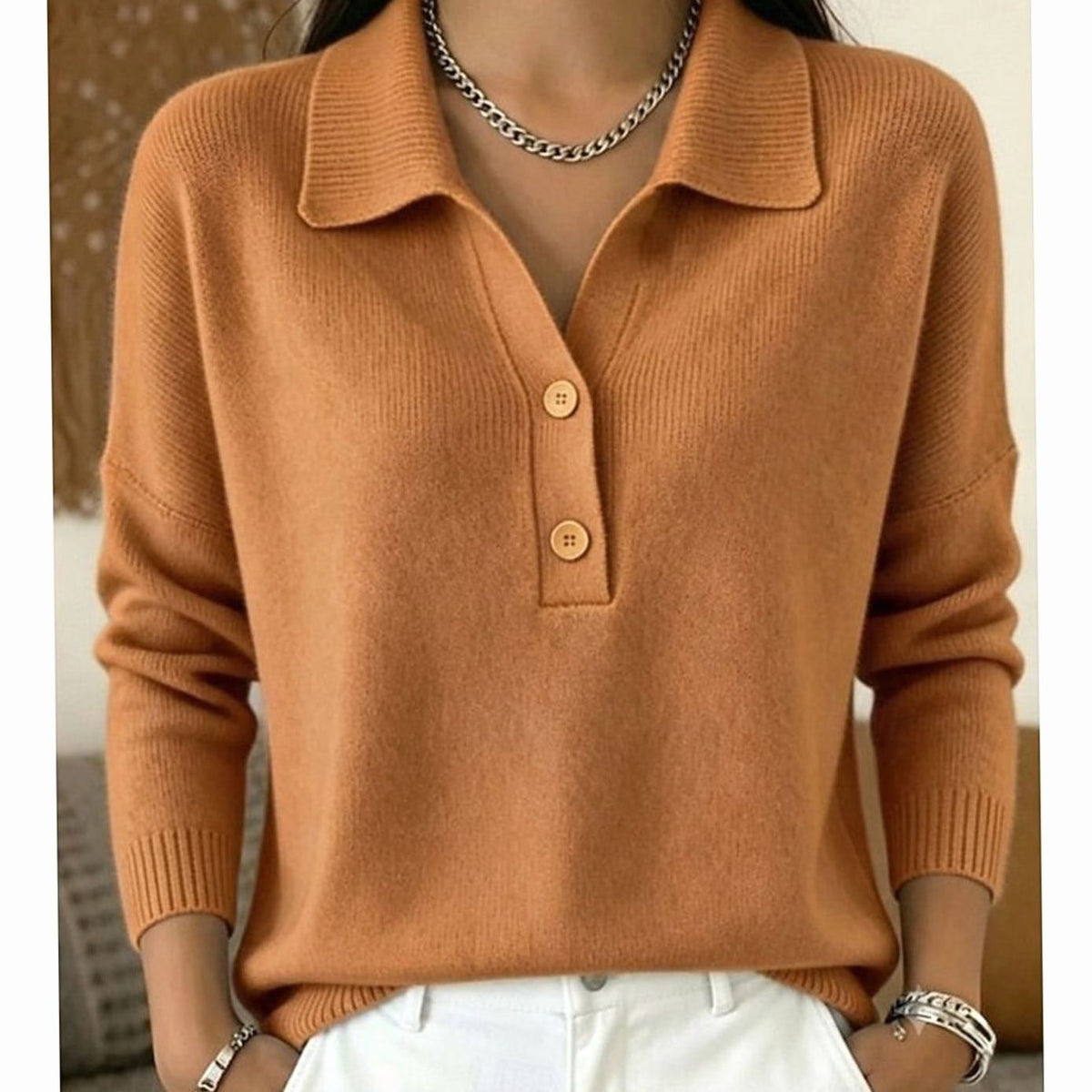 Pull Femme Col Polo à Boutons, Tricot Fin