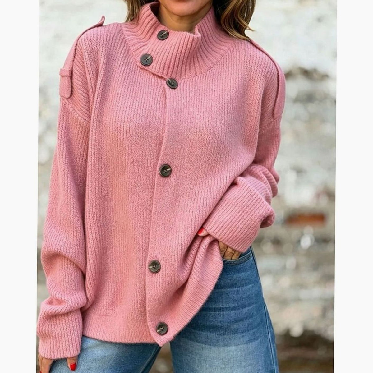Gilet Femme Oversize à Col Montant et Boutonné