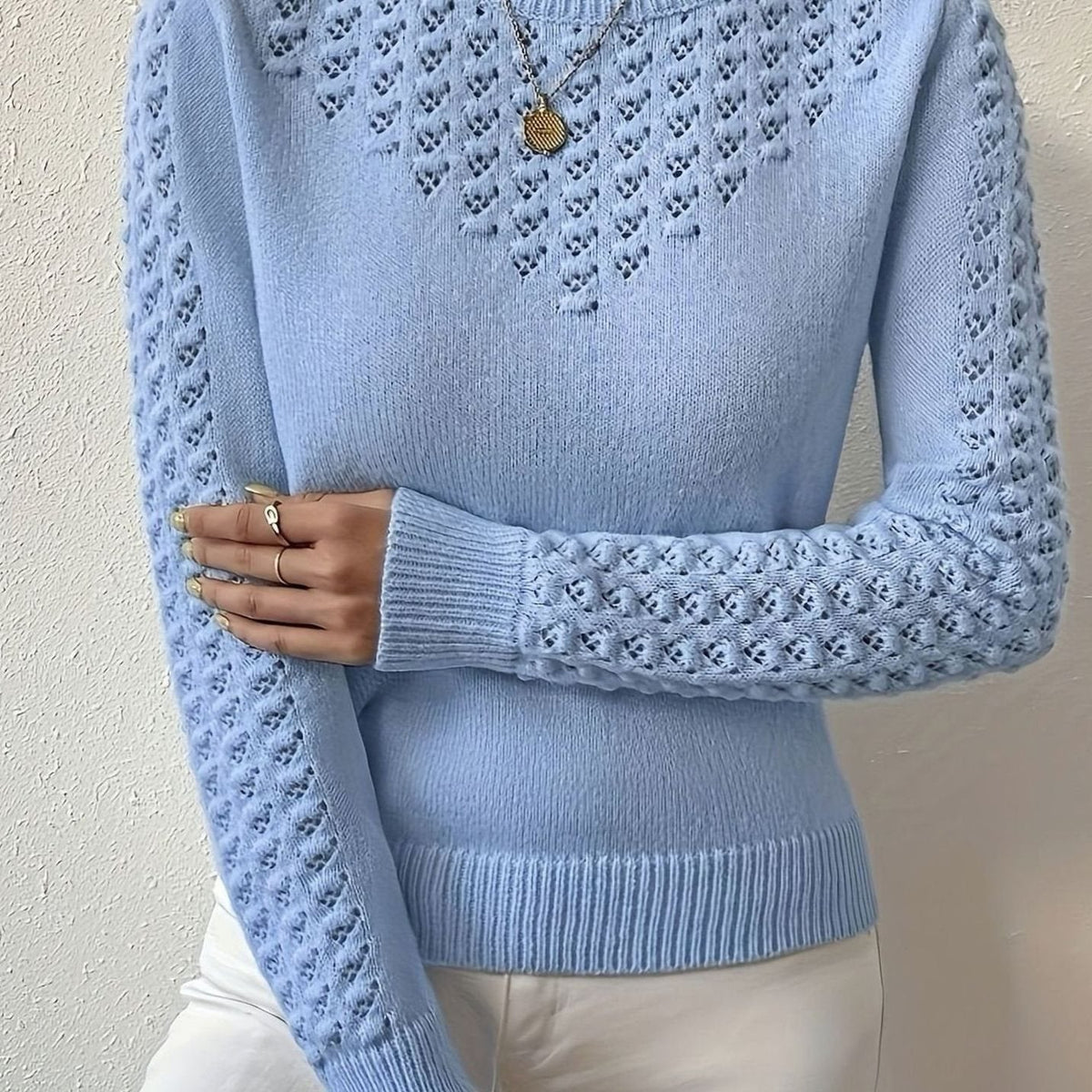 Pull Femme Maille Pointelle Col Rond Manches Longues